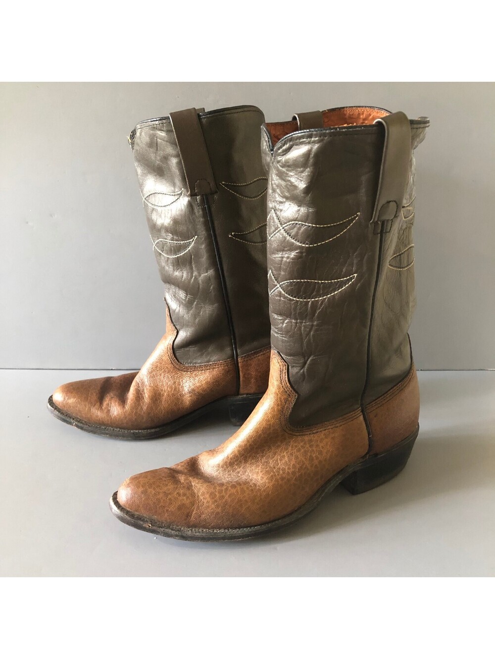 Vintage ACME Two-Tone Brown Leather Cowboy Boots Size 9 1/2 D Western
